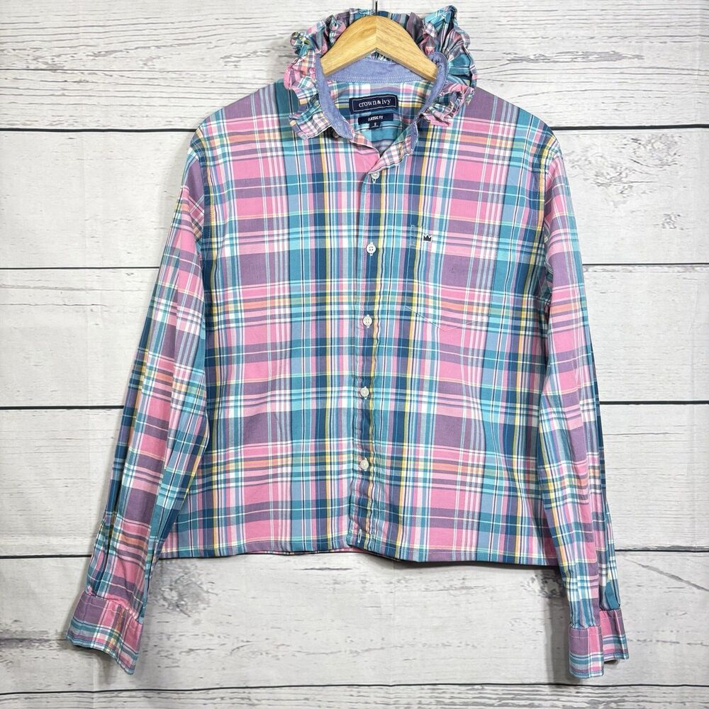 Crown & Ivy Upcycled Re-worked  Ruffle Collar Small Medium Pastel Plaids Pink - Picture 10 of 10